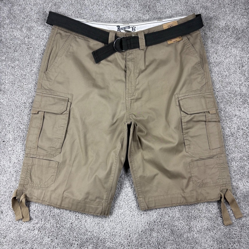 Roebuck & Co Mens Cargo Shorts Khaki Tan Size 38 With Belt 12 Inseam NWT